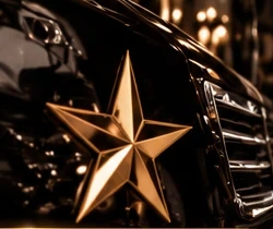 A gold E12 star on the grille of a black car