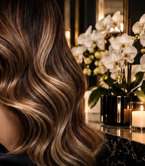 Long waved hair beside white orchids and candlelight