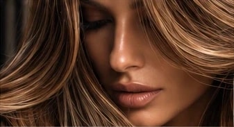 A woman with warm dimensional hair falling across her face