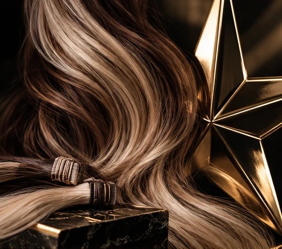 Long, flowing hair and extensions on black marble beside a gold star
