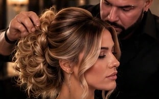 Special event styling: a sculpted updo with soft golden dimension