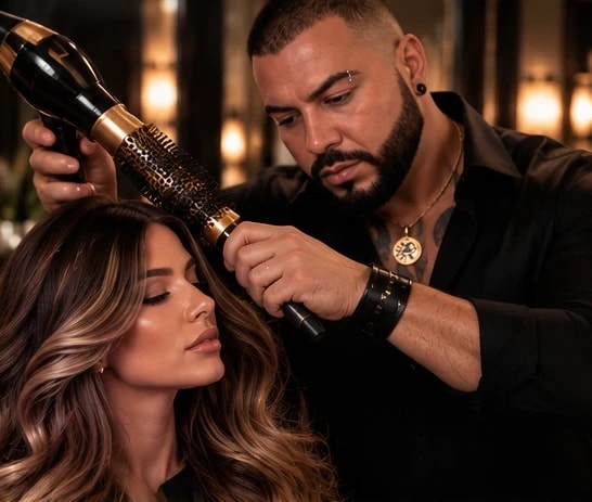 Joe Robert styling a guest's hair with a round brush and dryer