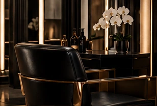 A black leather salon chair beside a mirror and white orchids